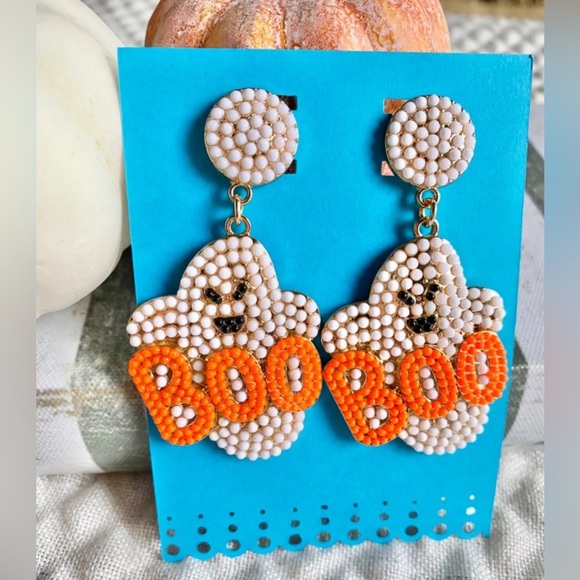 New Spooky Halloween Orange Boo Ghost Faux Pearl Beaded Statement Earrings - Picture 3 of 5
